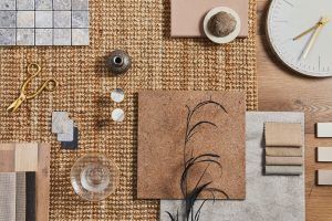 Flat lay of creative architect moodboard composition